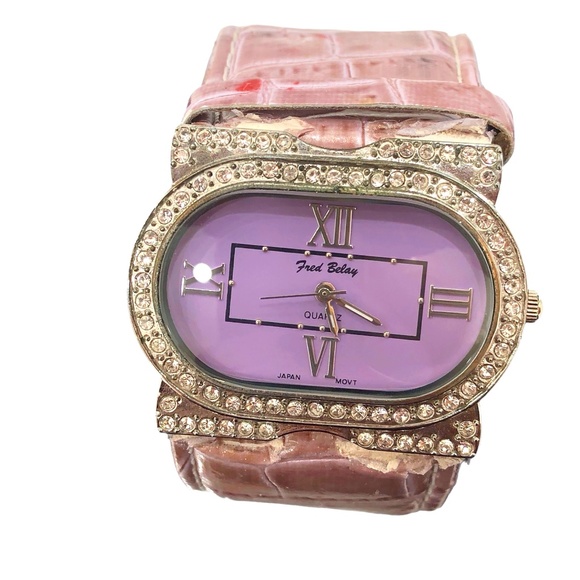 FRED BELAY LAVENDER FACE & CRYSTAL OVAL BEZEL FACE WATCH - Picture 1 of 15